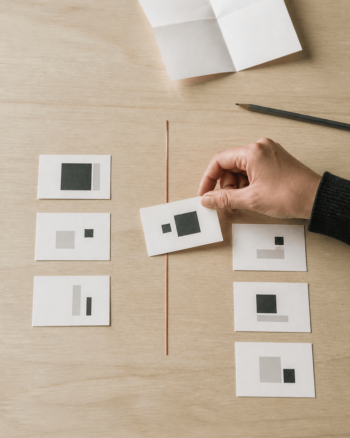 A hand moves a blank paper card across a copper line between two groups of operating notes