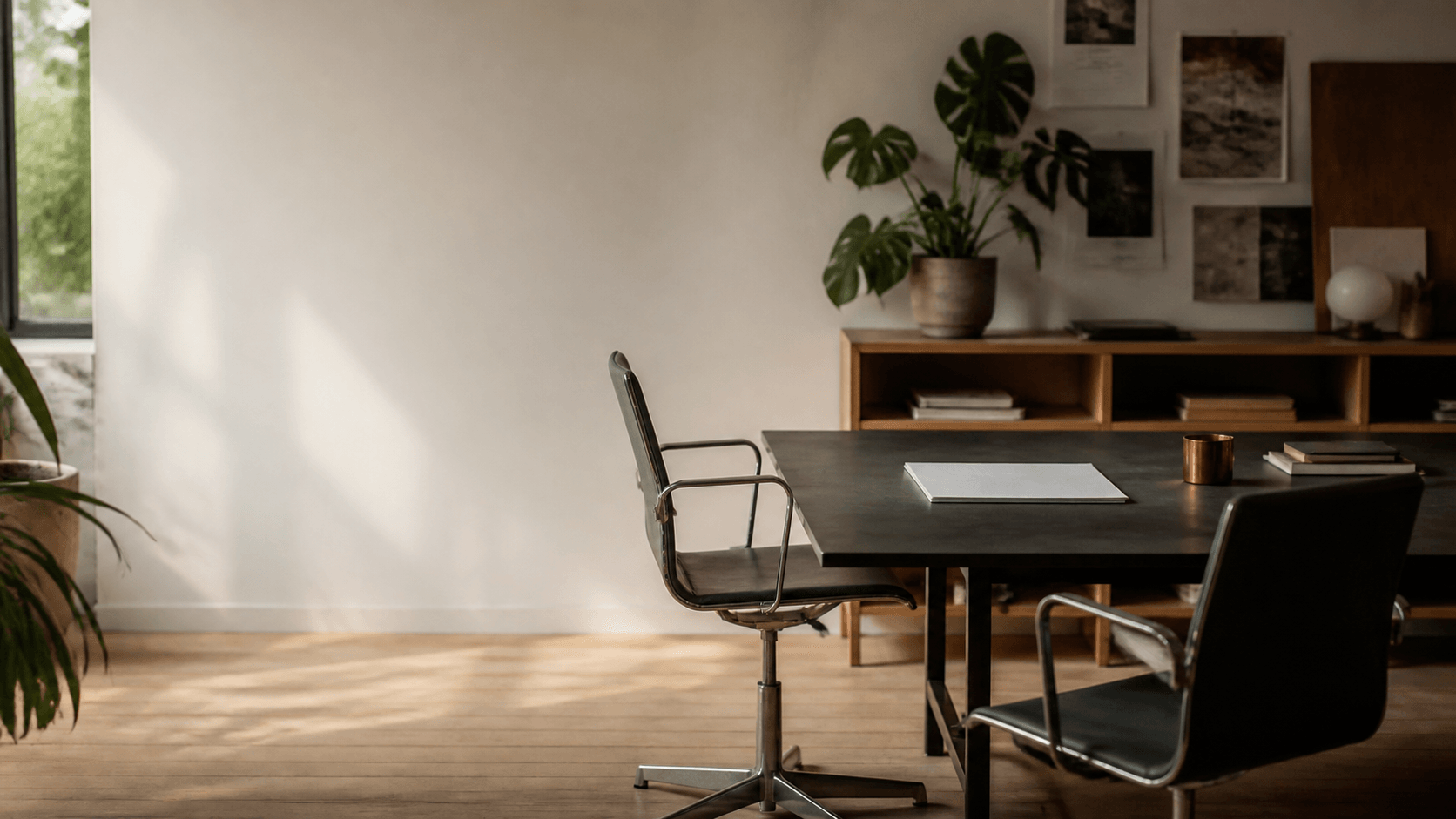 A quiet agency workspace with an empty chair and a blank operating record