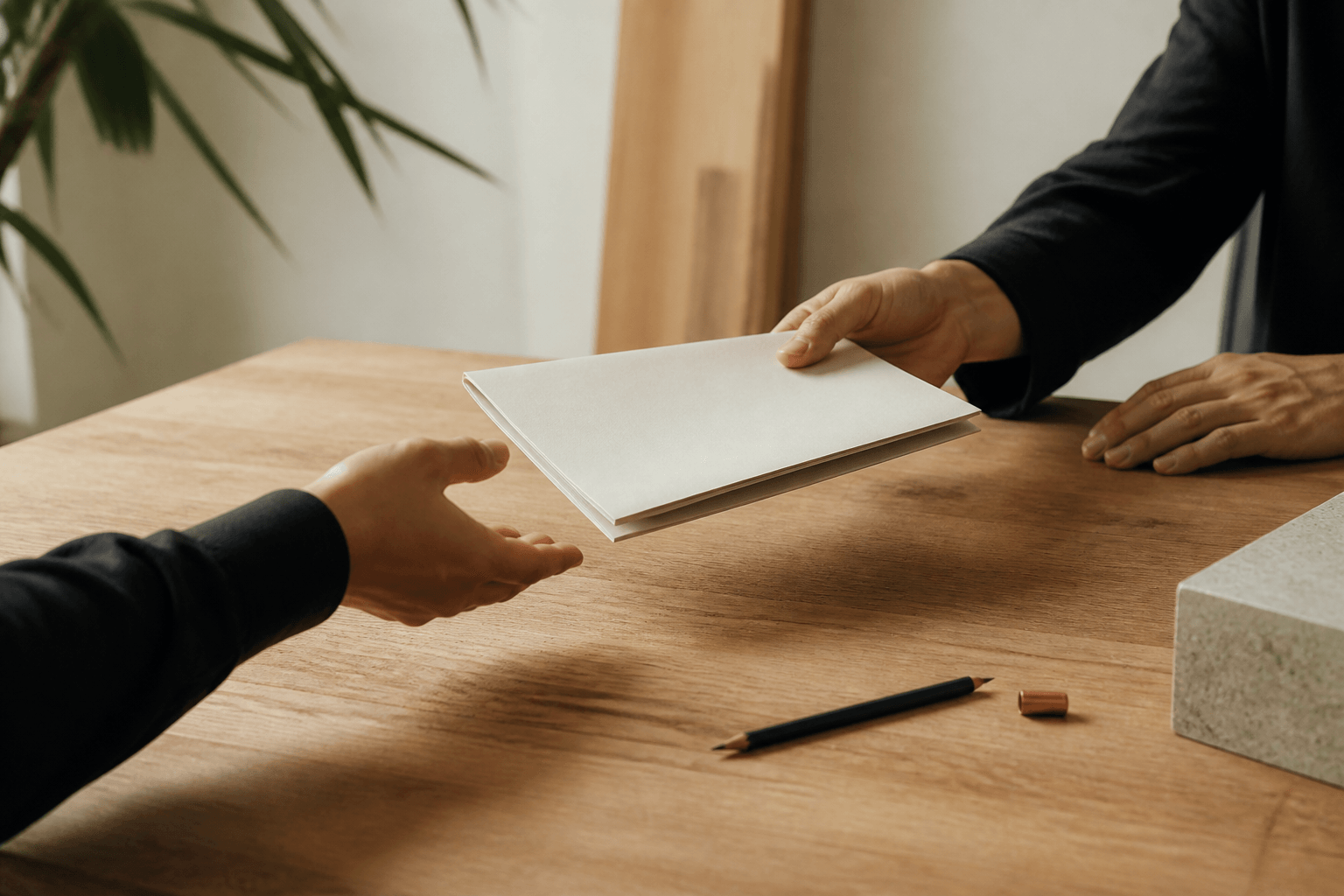Two hands exchange a blank operating packet across a studio table