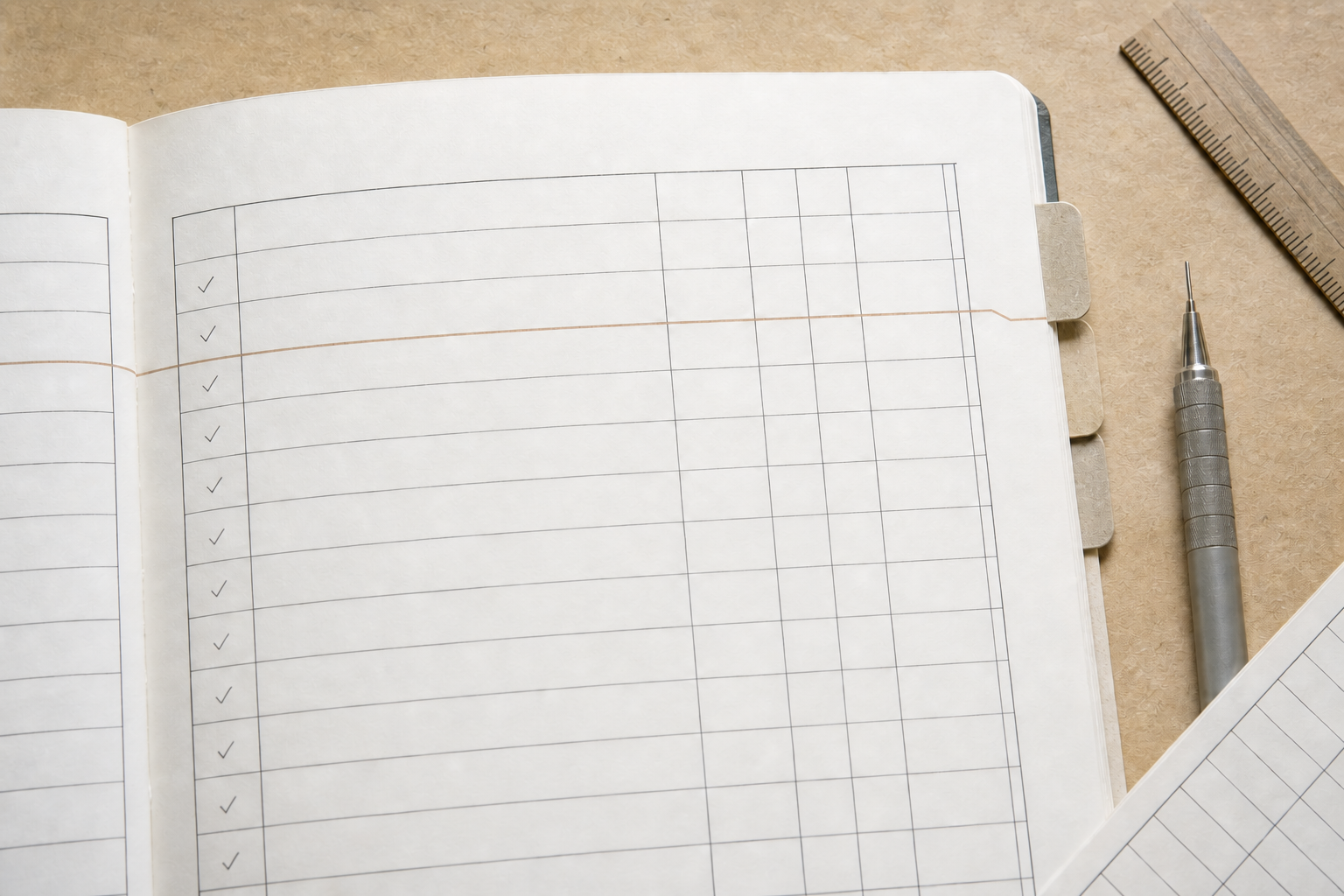 A ruled operating ledger with a ruler, pencil, and copper transfer line