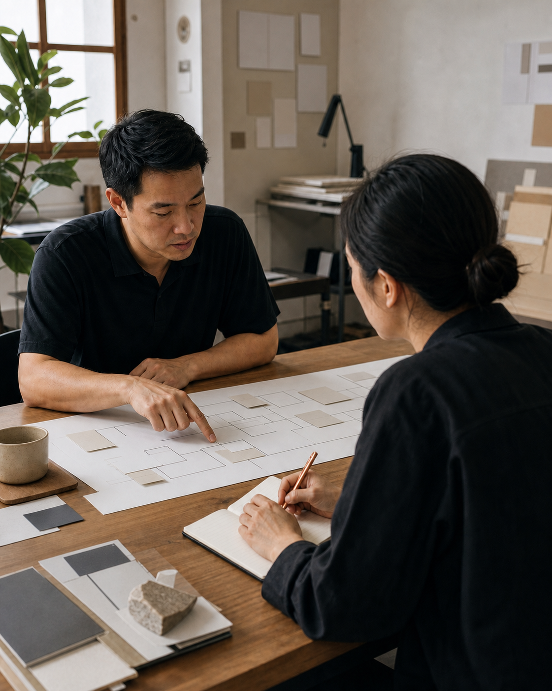 A founder and operator review a paper work map across a table